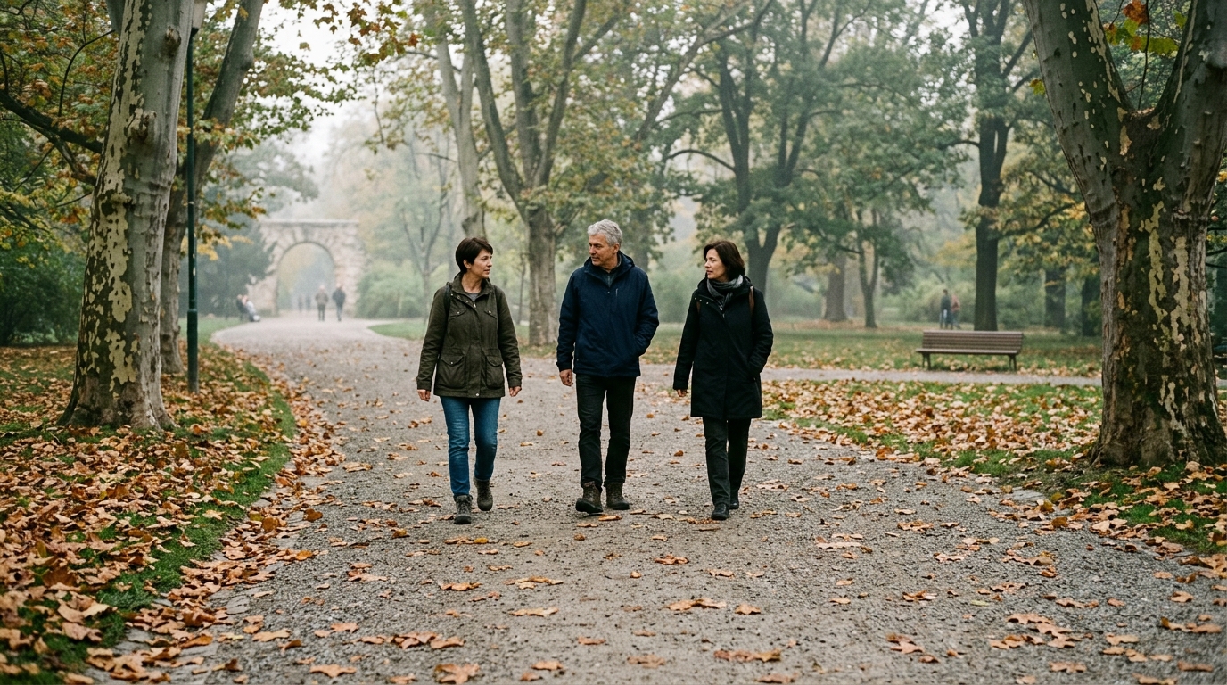 Ranní procházka v parku Lužánky v Brně, dospělí v civilním oblečení